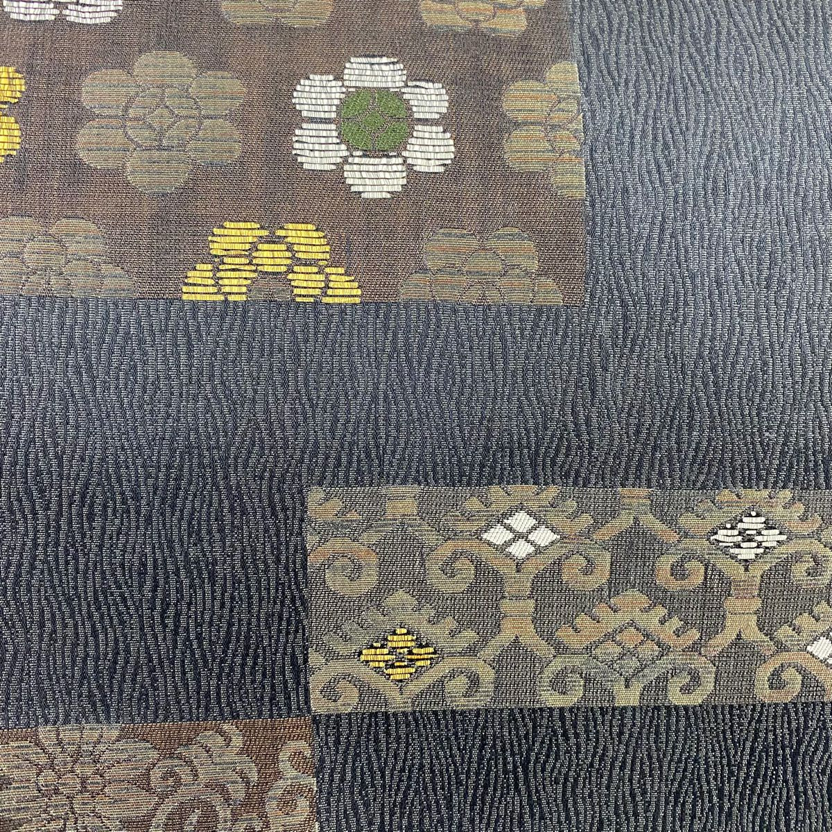袋帶 名品級 花唐草紋 花 金金箔 墨 深藍 六通 純蠶絲
