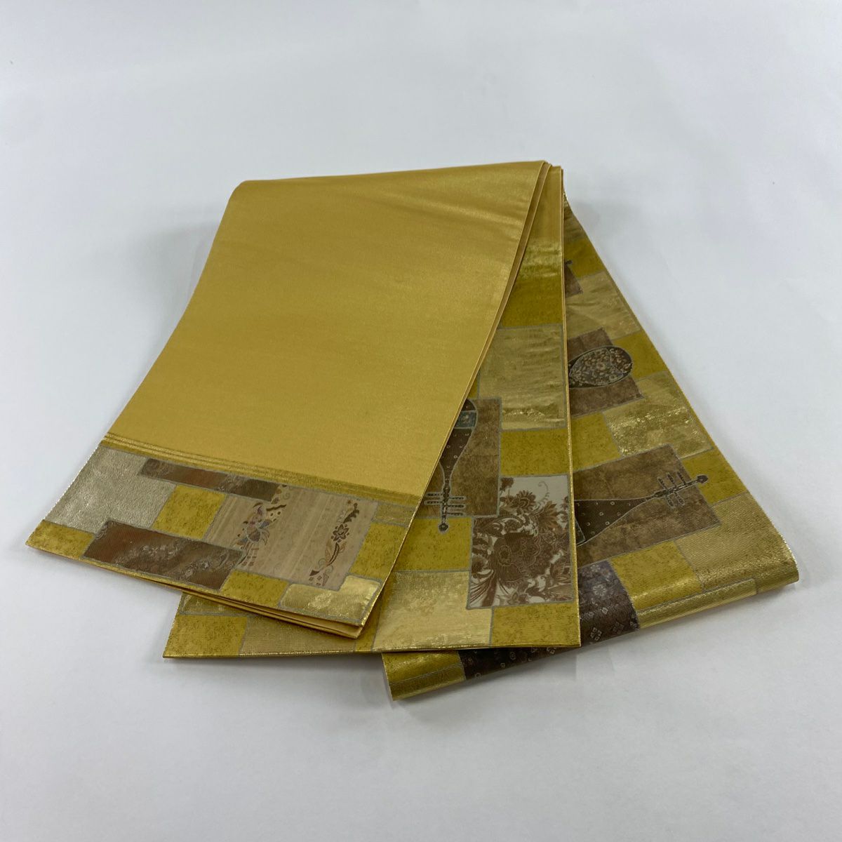 【美品】 袋帶 名品級 琵琶 草花紋 金金箔 金色 大鼓圖案 純蠶絲