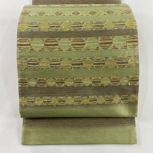 【美品】 袋帶 名品級 幾何學 縞 金絲 薄綠 お太鼓圖案 純蠶絲