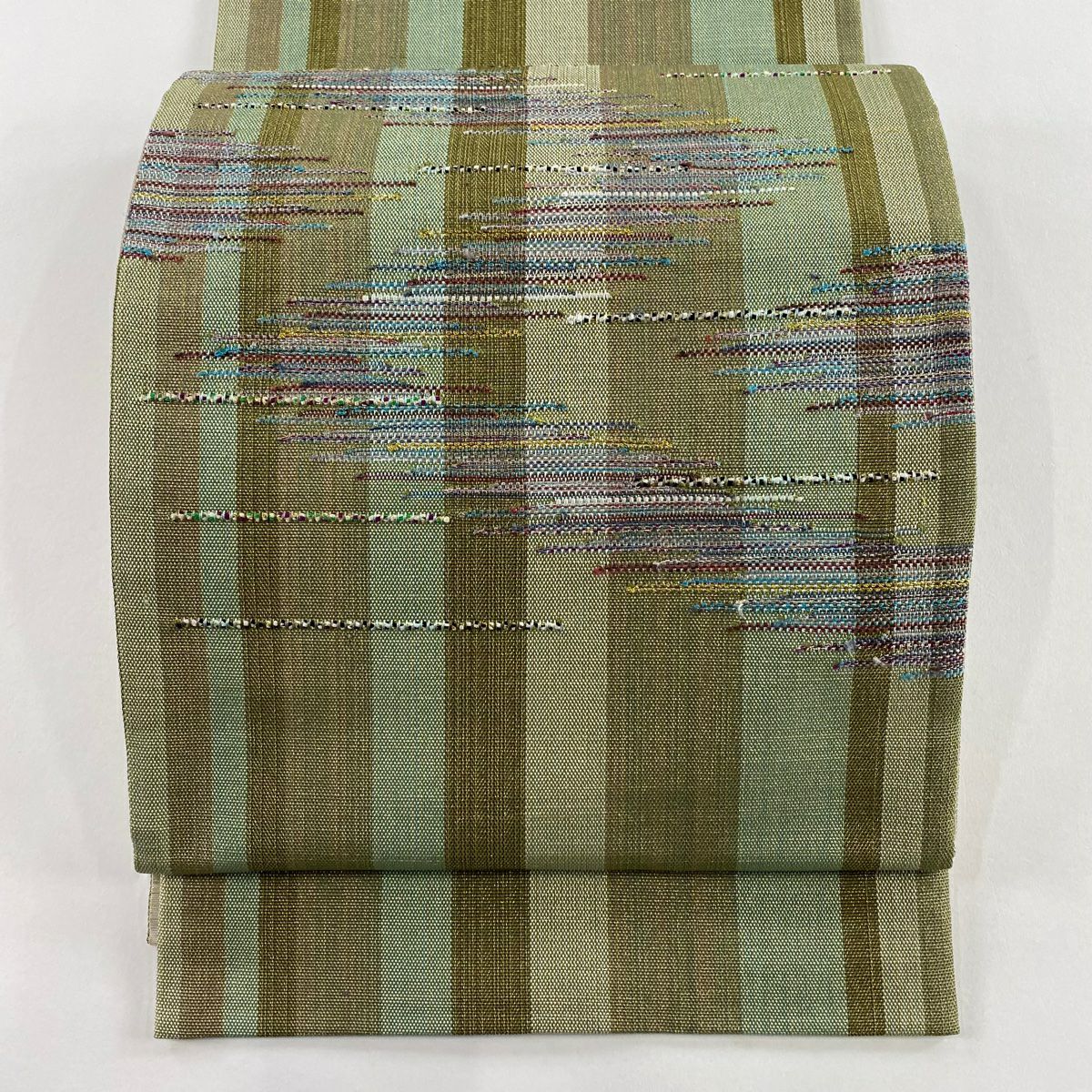 袋帶 名品級 條紋 刺繡 金絲 灰綠 大鼓圖案 純蠶絲