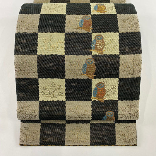 【美品】 袋帶 名品級 手先二通り 貓頭鷹 枝葉 金絲 黑色 大鼓圖案 純蠶絲