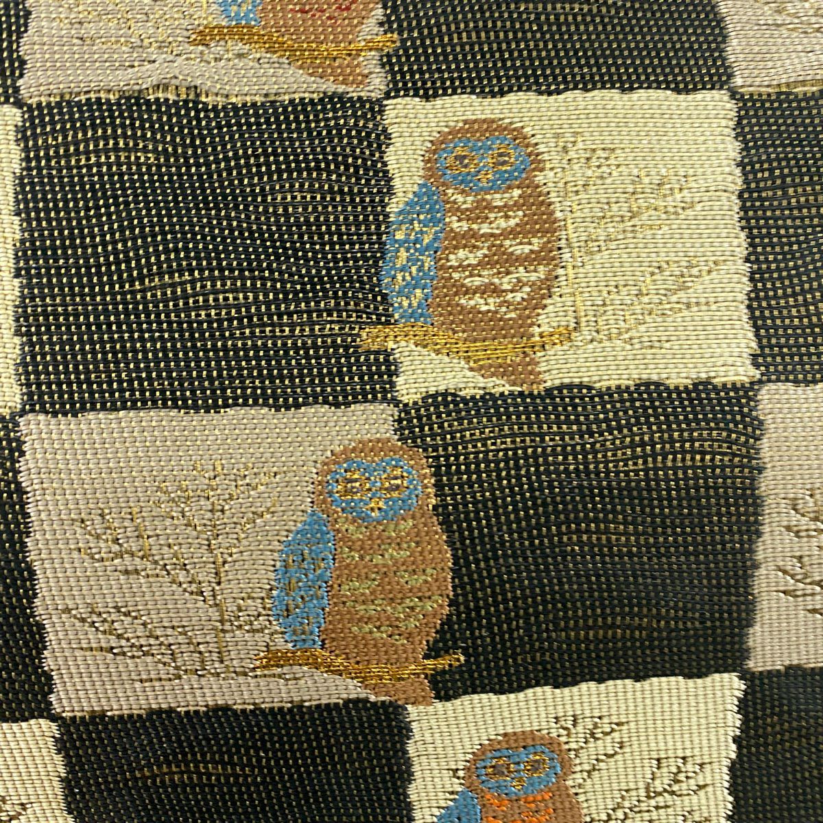 【美品】 袋帶 名品級 手先二通り 貓頭鷹 枝葉 金絲 黑色 大鼓圖案 純蠶絲