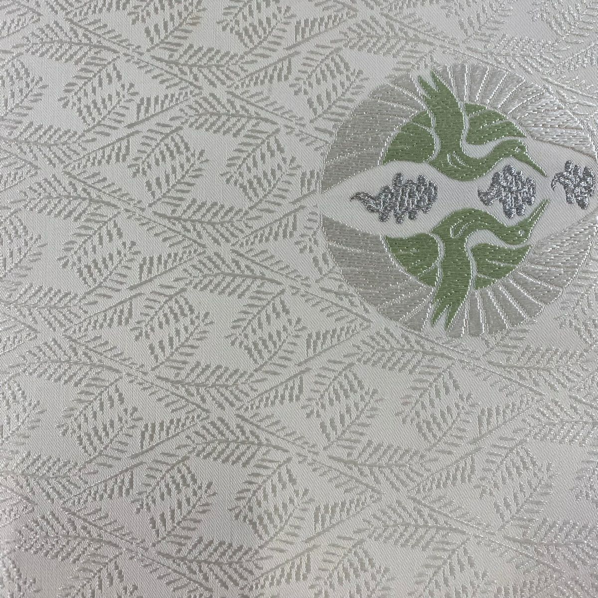 袋帶 名品級 向鳥葉紋 銀線 唐織 奶油色 六通 純蠶絲