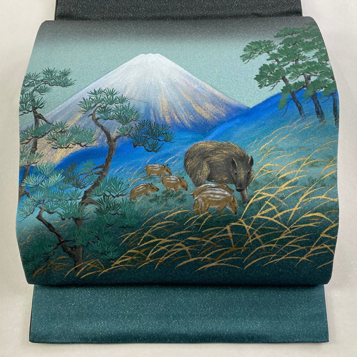 【美品】 袋帶 逸品級 富士山 猪 銀線 金銀彩 青綠 お太鼓圖案 純蠶絲