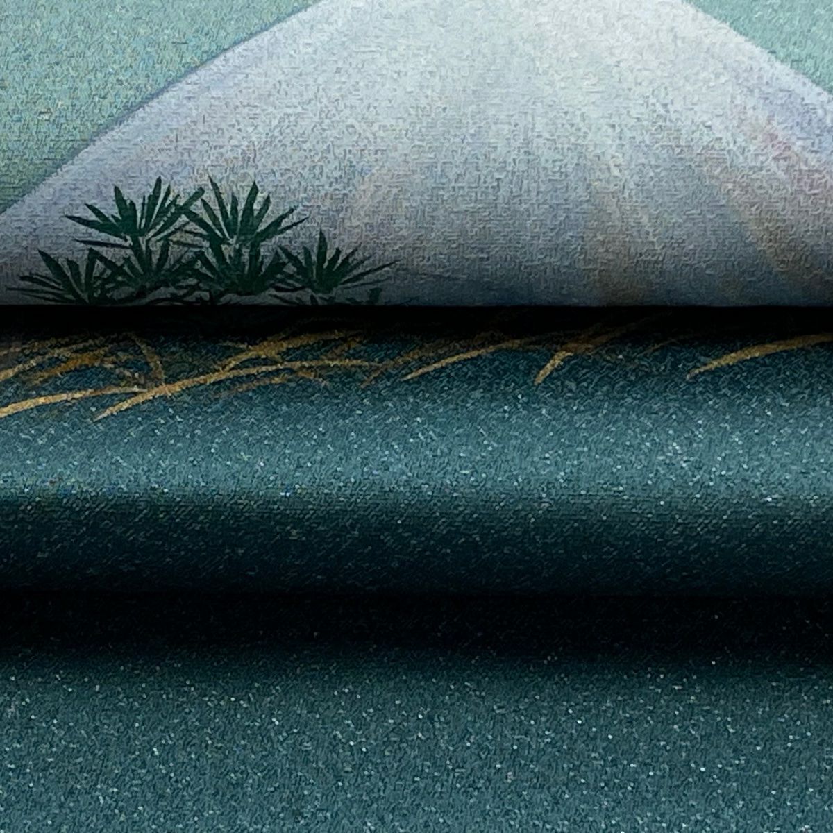 【美品】 袋帶 逸品級 富士山 猪 銀線 金銀彩 青綠 お太鼓圖案 純蠶絲