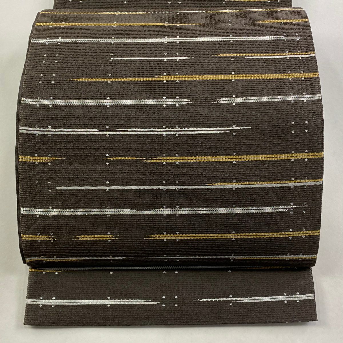 【美品】 袋帶 逸品級 洛陽織物 落款あり 縞點 金銀彩 金金箔 焦茶 六通 純蠶絲