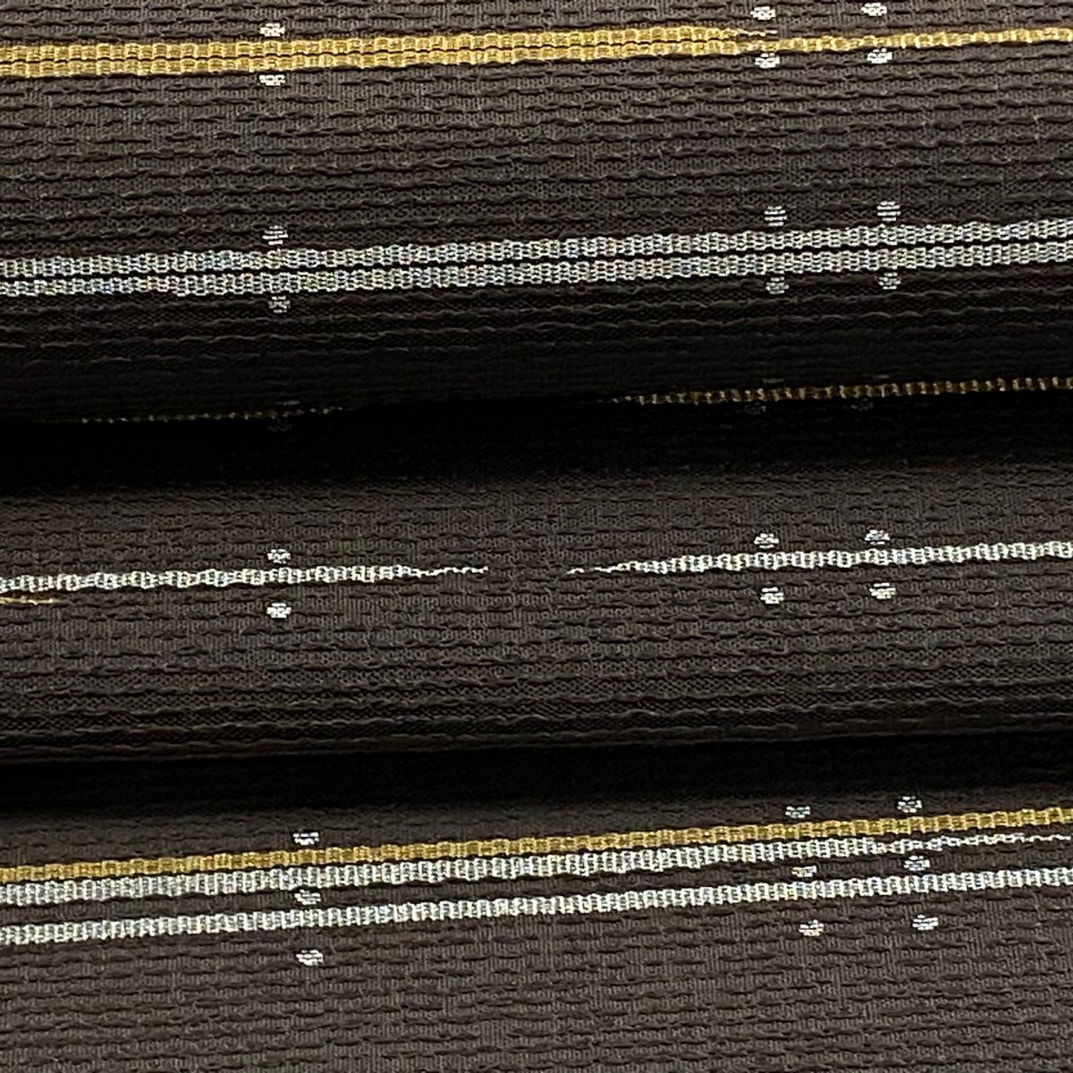 【美品】 袋帶 逸品級 洛陽織物 落款あり 縞點 金銀彩 金金箔 焦茶 六通 純蠶絲
