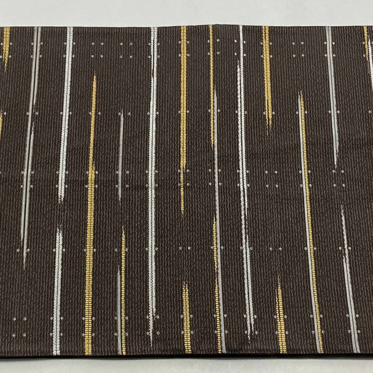 【美品】 袋帶 逸品級 洛陽織物 落款あり 縞點 金銀彩 金金箔 焦茶 六通 純蠶絲