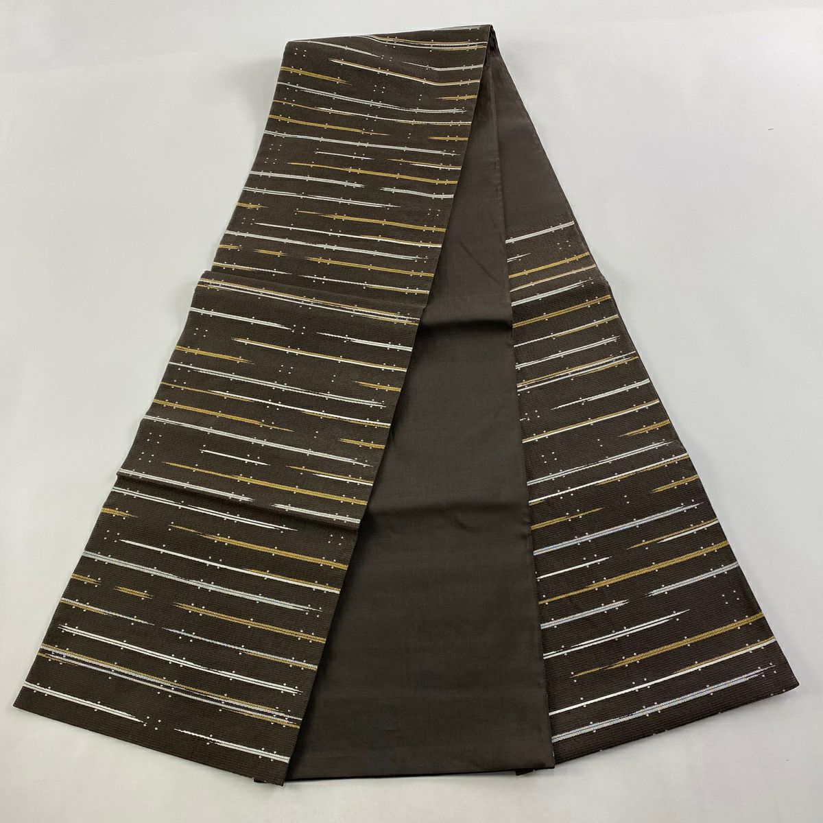 【美品】 袋帶 逸品級 洛陽織物 落款あり 縞點 金銀彩 金金箔 焦茶 六通 純蠶絲