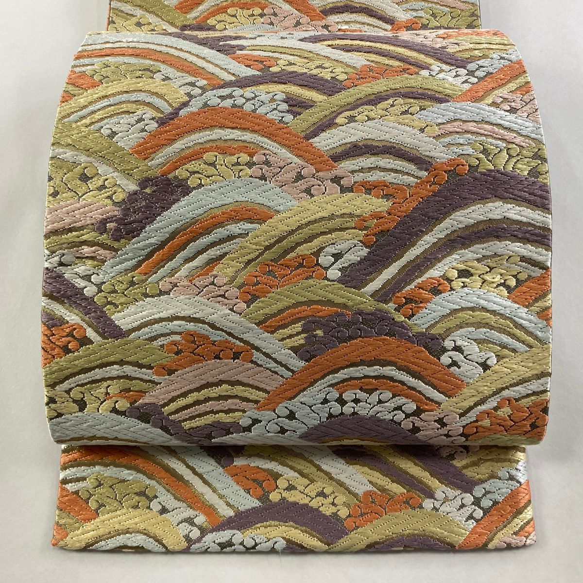 【美品】 袋帶 逸品級 河合美術織物 落款あり 波頭青海波 唐織 金金箔 薄紫 六通 純蠶絲