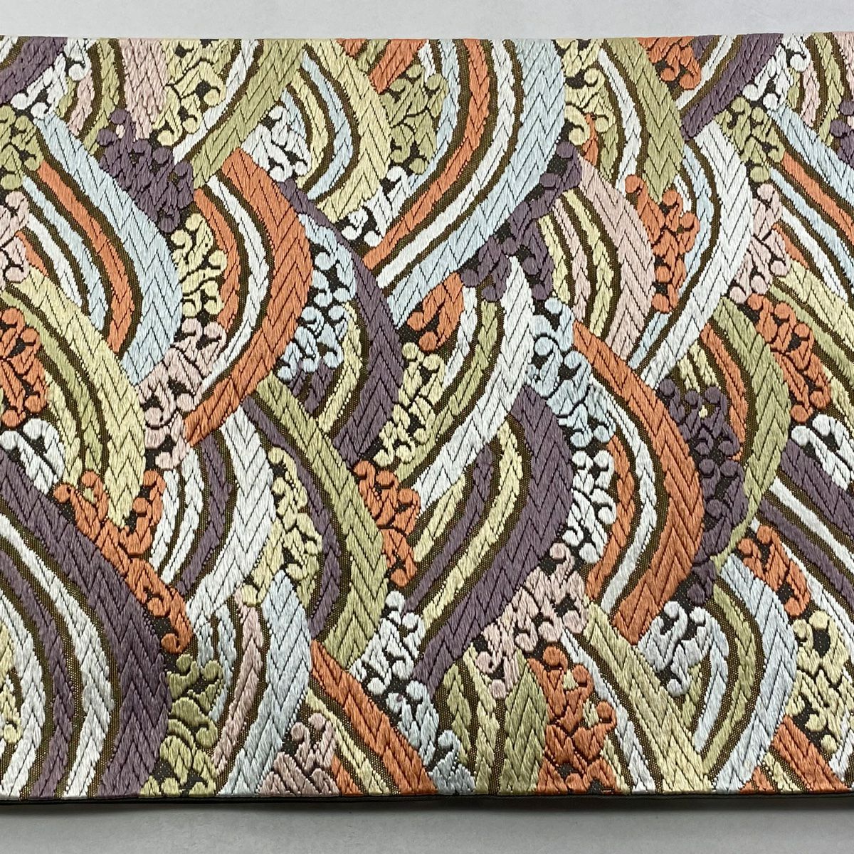【美品】 袋帶 逸品級 河合美術織物 落款あり 波頭青海波 唐織 金金箔 薄紫 六通 純蠶絲