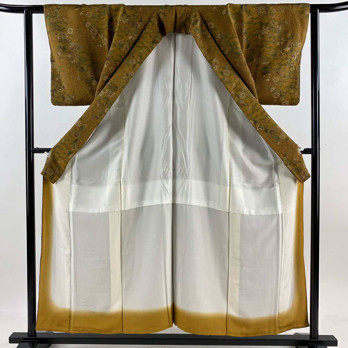 【美品】 小紋 身長155cm 袖長60.5cm S 雙層 草花紋紋 絞織 茶 純蠶絲 秀品級