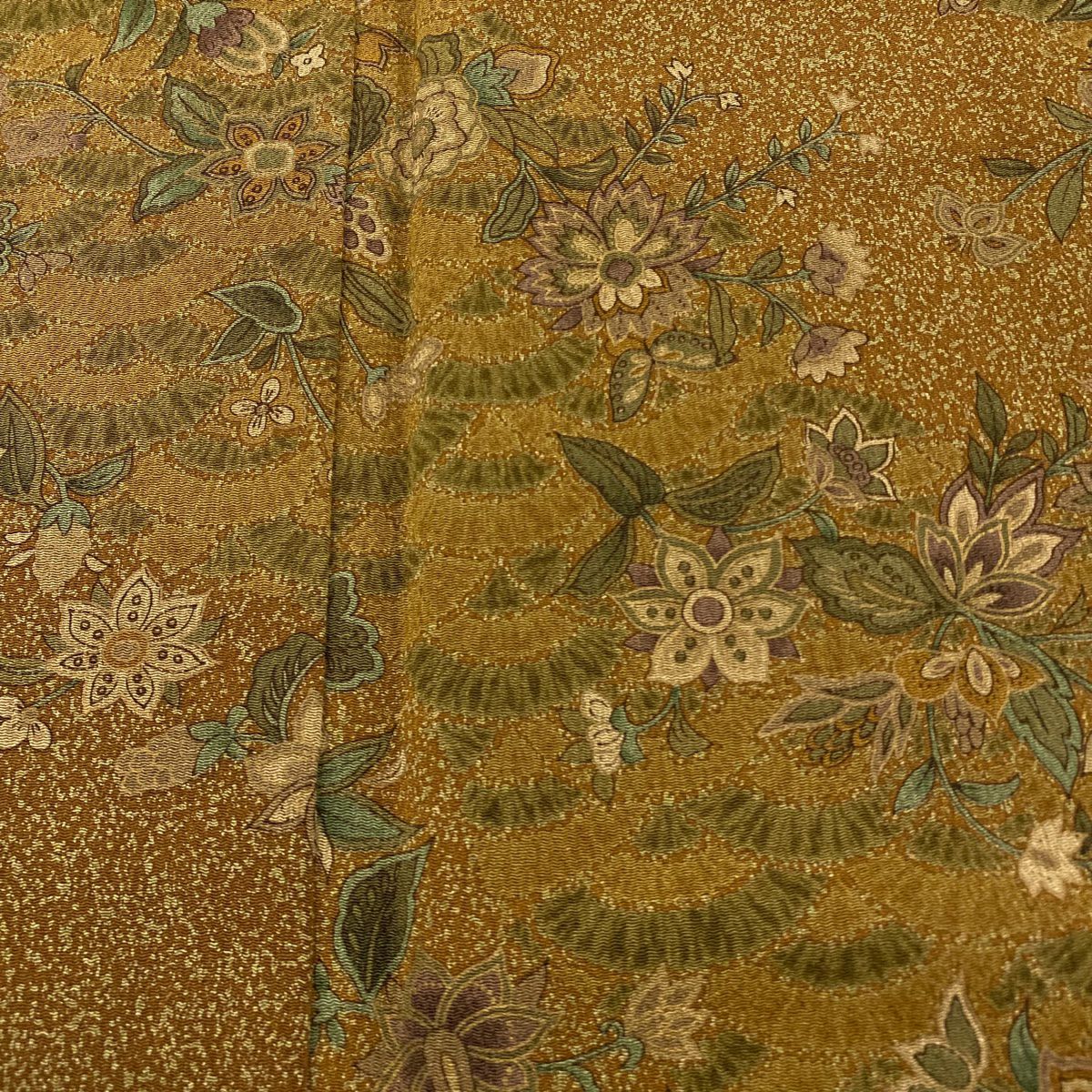 【美品】 小紋 身長155cm 袖長60.5cm S 雙層 草花紋紋 絞織 茶 純蠶絲 秀品級