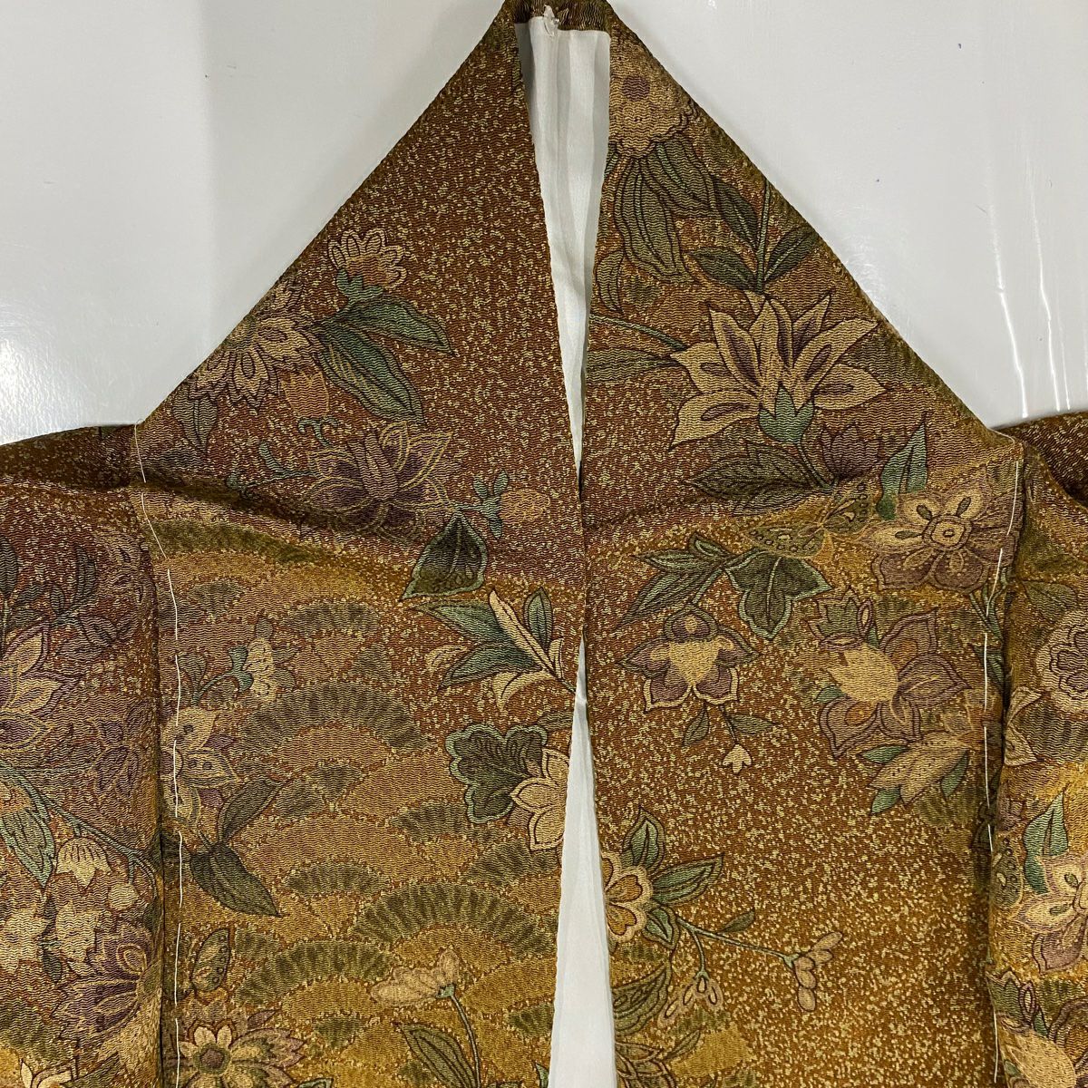 【美品】 小紋 身長155cm 袖長60.5cm S 雙層 草花紋紋 絞織 茶 純蠶絲 秀品級