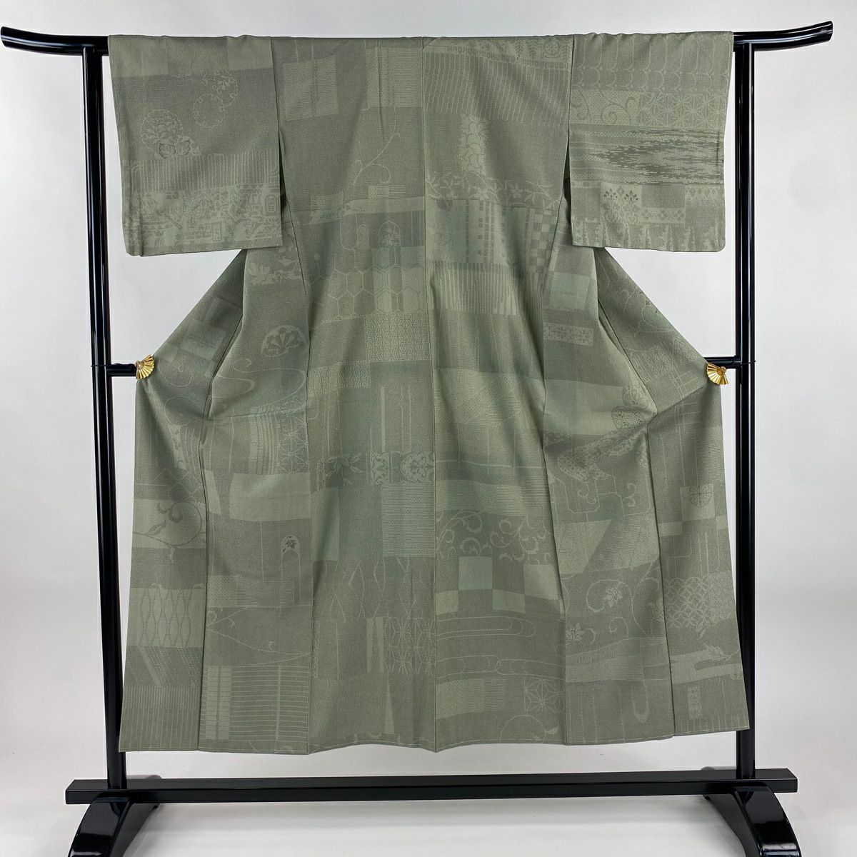 【美品】 紬織 身長150.5cm 袖長62cm S 雙層 唐草紋 麻葉 灰綠 純蠶絲 秀品級