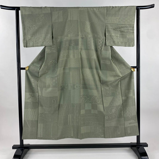 【美品】 紬織 身長150.5cm 袖長62cm S 雙層 唐草紋 麻葉 灰綠 純蠶絲 秀品級