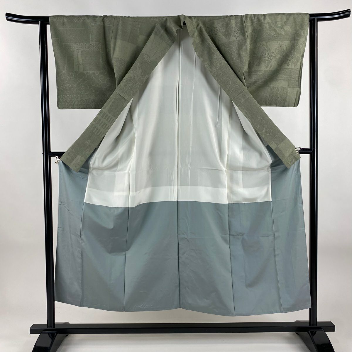 【美品】 紬織 身長150.5cm 袖長62cm S 雙層 唐草紋 麻葉 灰綠 純蠶絲 秀品級