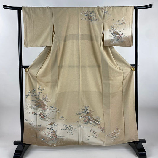 【美品】訪問服 身長162cm 袖長63cm S 雙層 建物 松樹竹子梅花 漸層 米色 純蠶絲 優品級