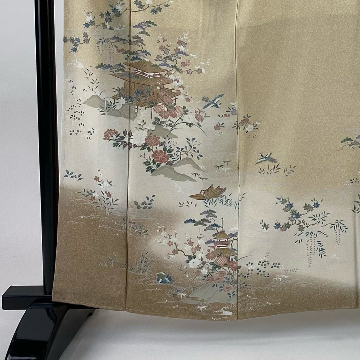 【美品】訪問服 身長162cm 袖長63cm S 雙層 建物 松樹竹子梅花 漸層 米色 純蠶絲 優品級