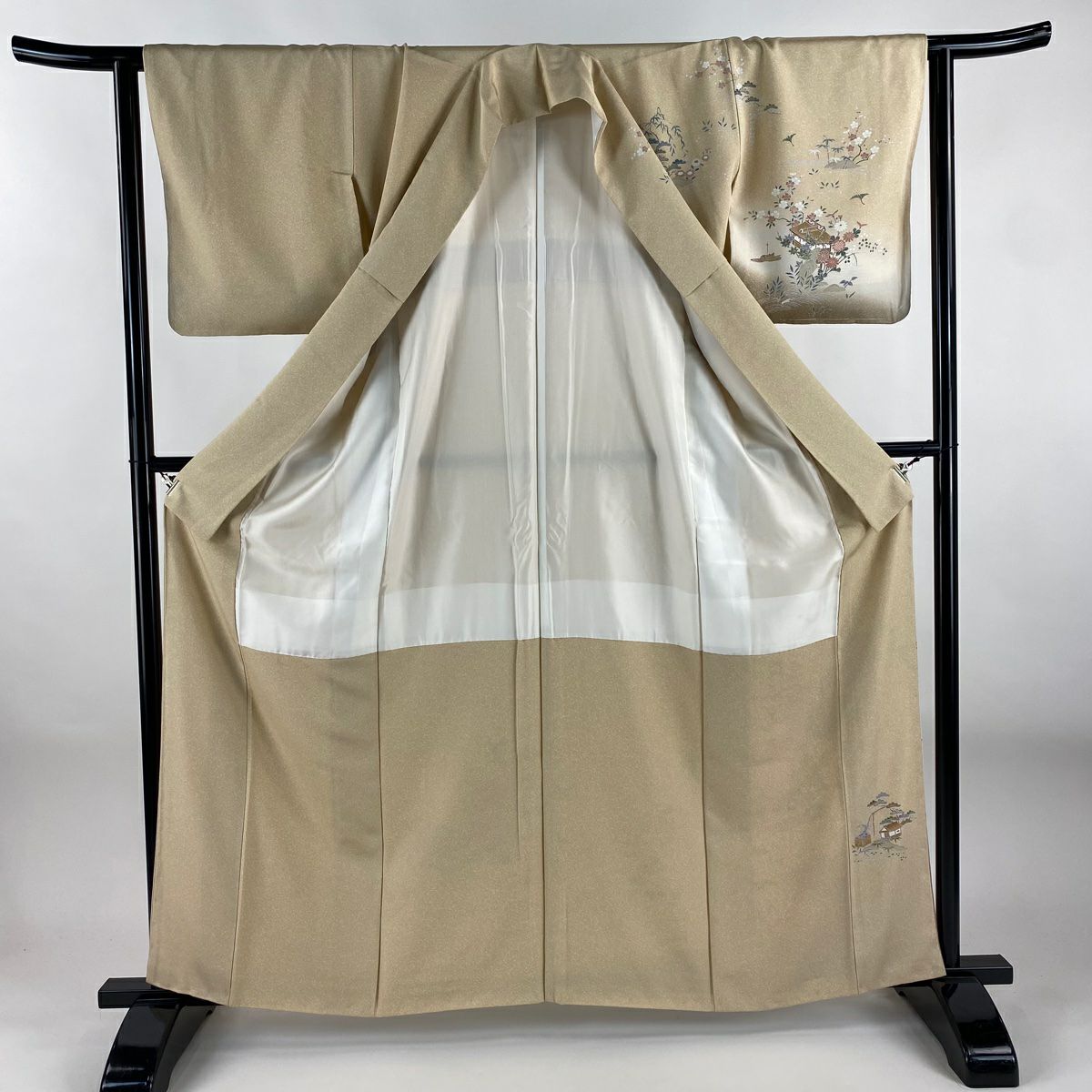 【美品】訪問服 身長162cm 袖長63cm S 雙層 建物 松樹竹子梅花 漸層 米色 純蠶絲 優品級