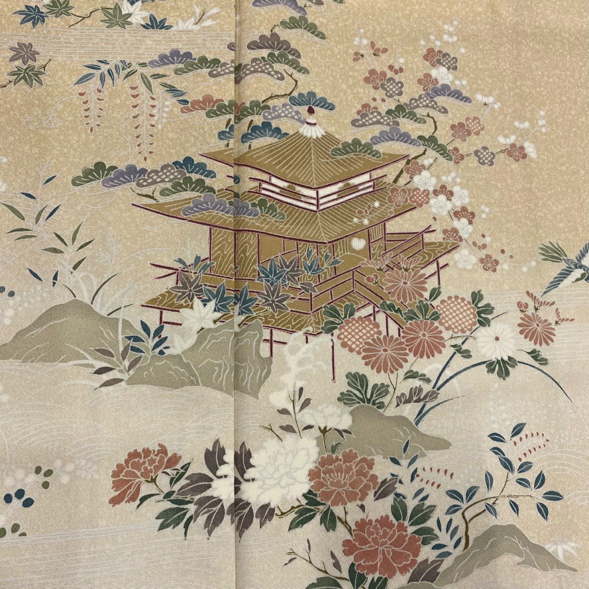 【美品】訪問服 身長162cm 袖長63cm S 雙層 建物 松樹竹子梅花 漸層 米色 純蠶絲 優品級