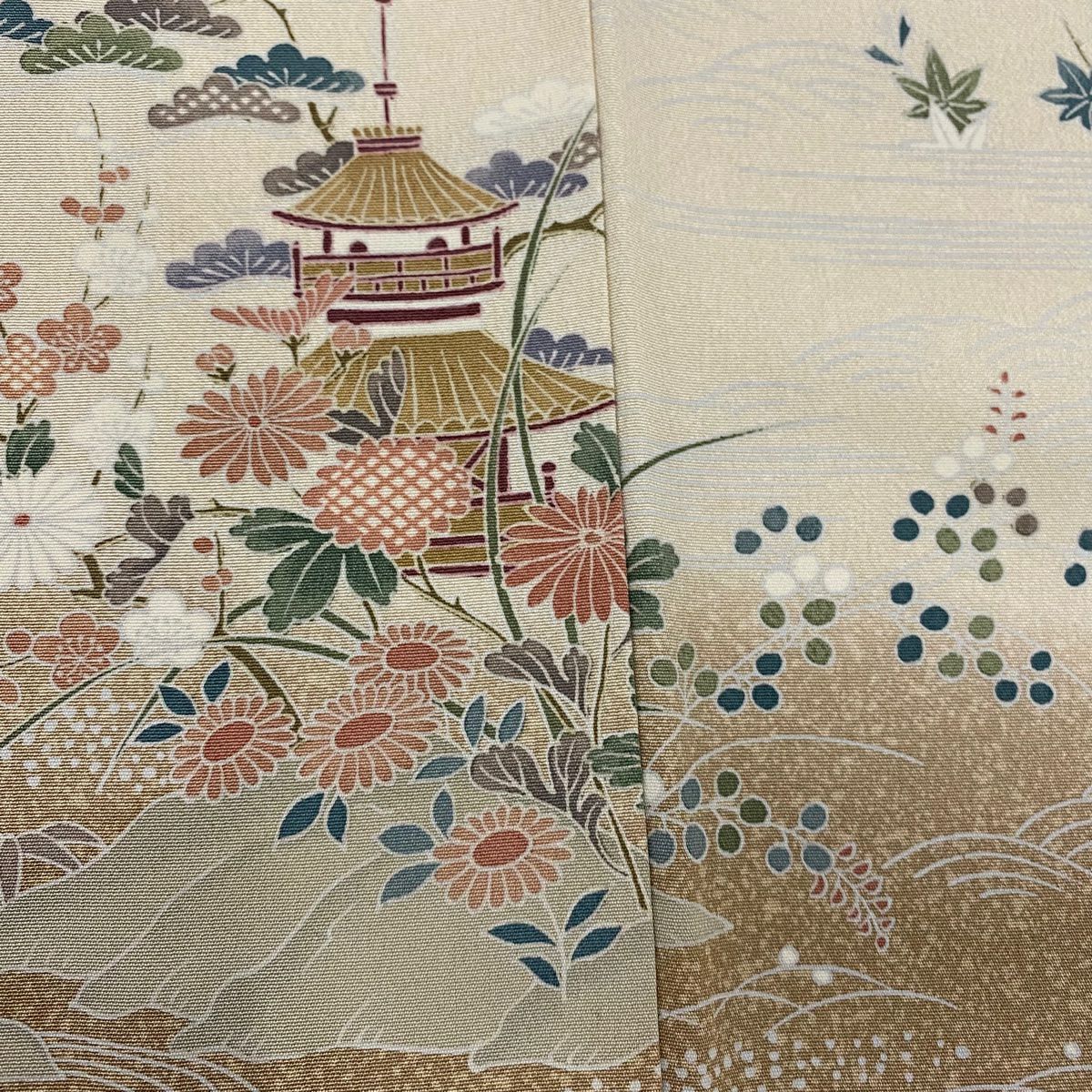 【美品】訪問服 身長162cm 袖長63cm S 雙層 建物 松樹竹子梅花 漸層 米色 純蠶絲 優品級