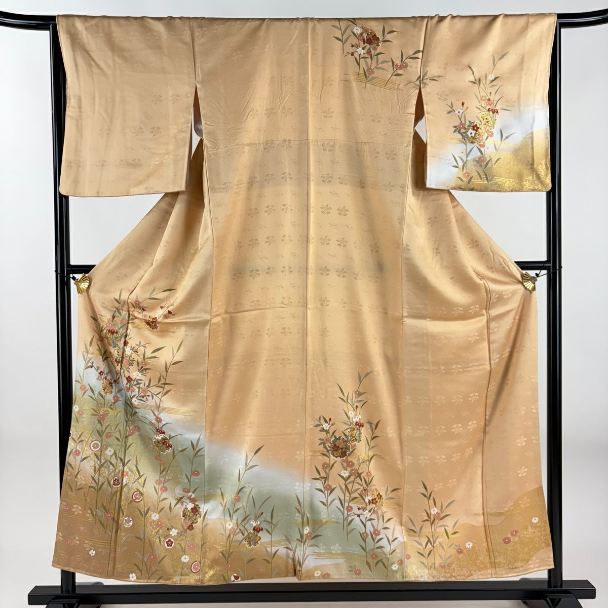 訪問服 身長155.5cm 袖長66cm M 雙層 雪輪 草花紋紋 金彩裝飾 漸層 淺橙色 純蠶絲 優品級