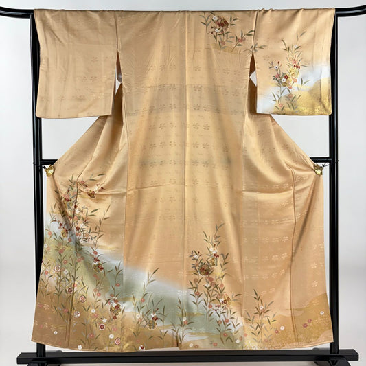 訪問服 身長155.5cm 袖長66cm M 雙層 雪輪 草花紋紋 金彩裝飾 漸層 淺橙色 純蠶絲 優品級