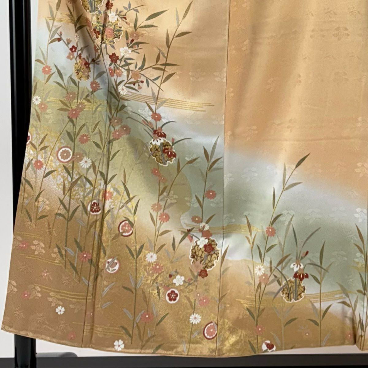 訪問服 身長155.5cm 袖長66cm M 雙層 雪輪 草花紋紋 金彩裝飾 漸層 淺橙色 純蠶絲 優品級