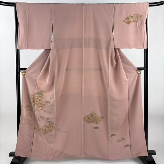 付下 身長161.5cm 袖長67.5cm L 雙層 扇子面 松樹 標刺繡 粉紅 純蠶絲 優品級