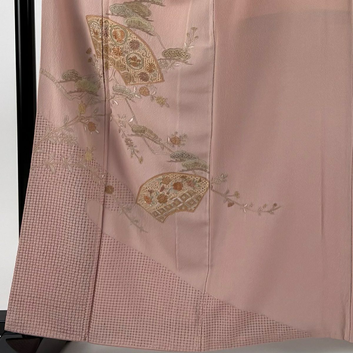 付下 身長161.5cm 袖長67.5cm L 雙層 扇子面 松樹 標刺繡 粉紅 純蠶絲 優品級
