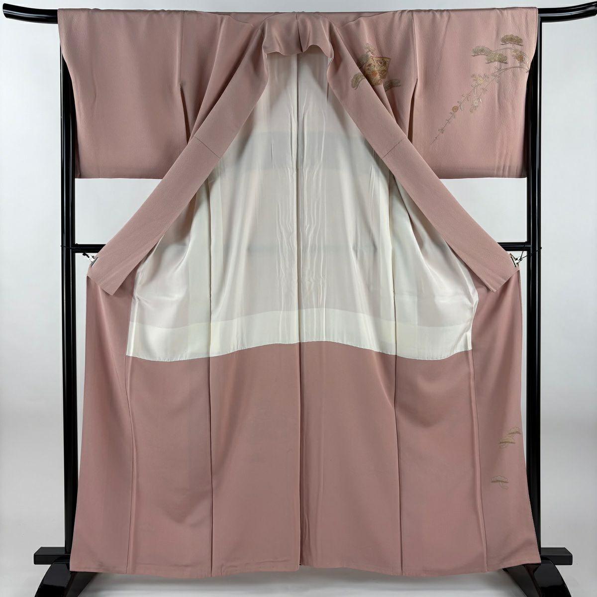 付下 身長161.5cm 袖長67.5cm L 雙層 扇子面 松樹 標刺繡 粉紅 純蠶絲 優品級