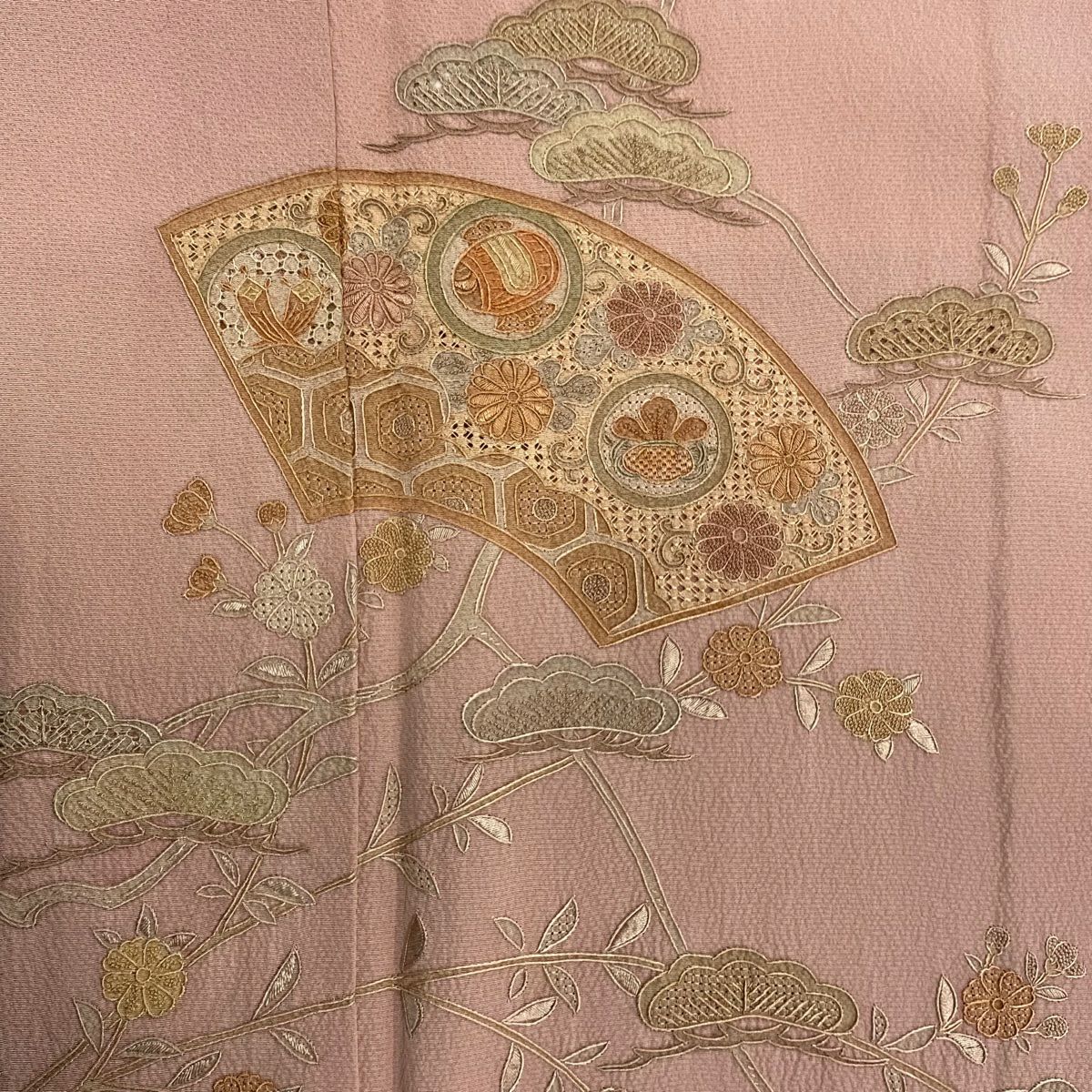 付下 身長161.5cm 袖長67.5cm L 雙層 扇子面 松樹 標刺繡 粉紅 純蠶絲 優品級