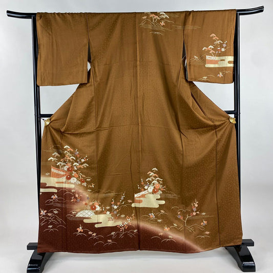 訪問服 身長163.5cm 袖長66cm M 雙層 菊花 松樹竹子梅花 金銀彩 漸層 茶 純蠶絲 秀品級