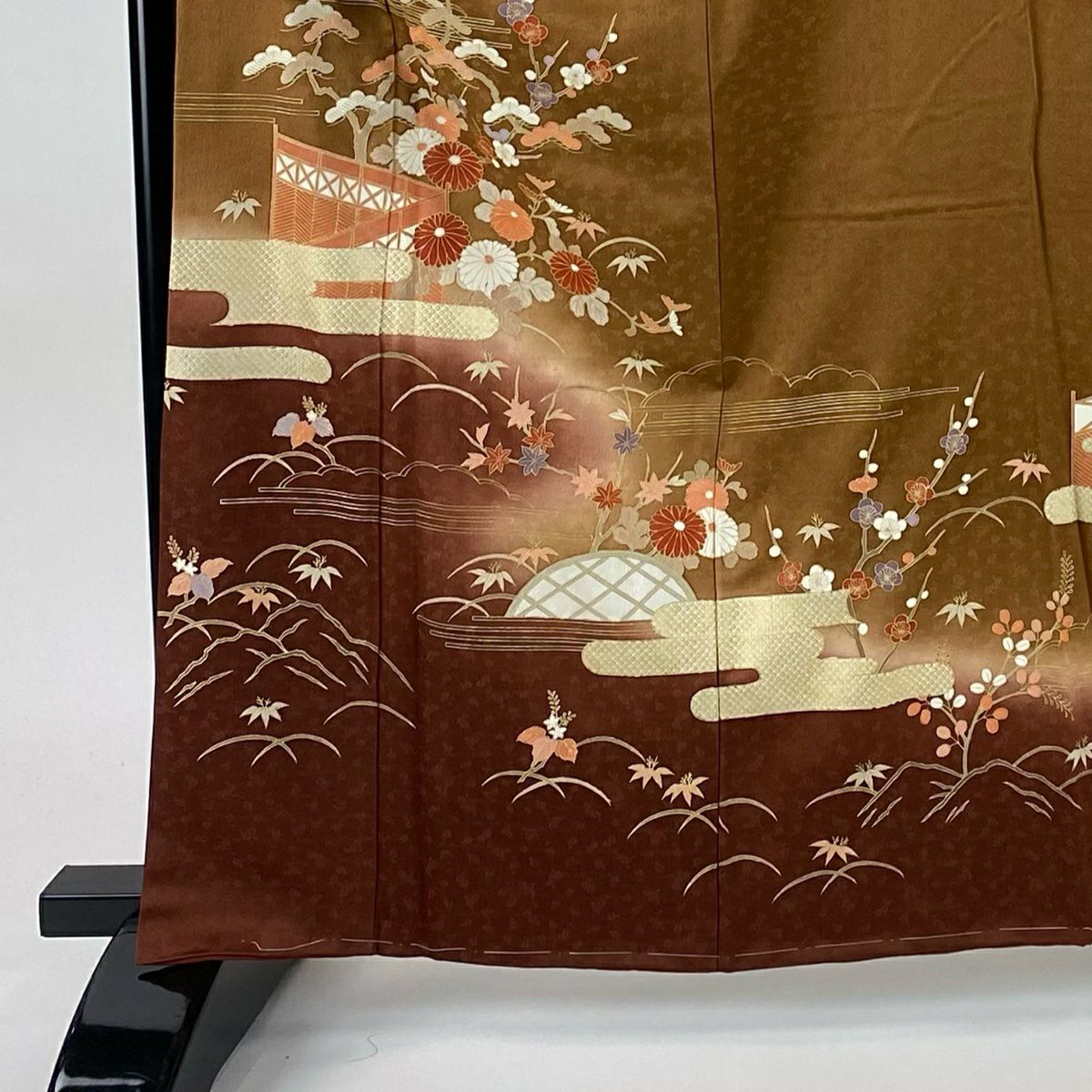 訪問服 身長163.5cm 袖長66cm M 雙層 菊花 松樹竹子梅花 金銀彩 漸層 茶 純蠶絲 秀品級