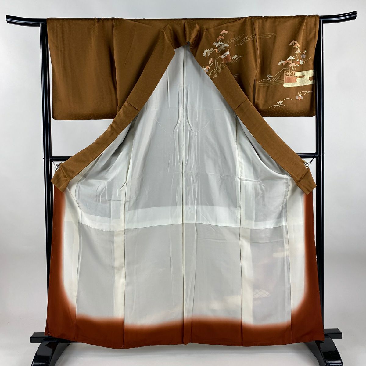 訪問服 身長163.5cm 袖長66cm M 雙層 菊花 松樹竹子梅花 金銀彩 漸層 茶 純蠶絲 秀品級