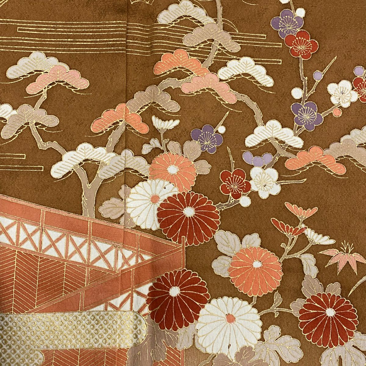 訪問服 身長163.5cm 袖長66cm M 雙層 菊花 松樹竹子梅花 金銀彩 漸層 茶 純蠶絲 秀品級