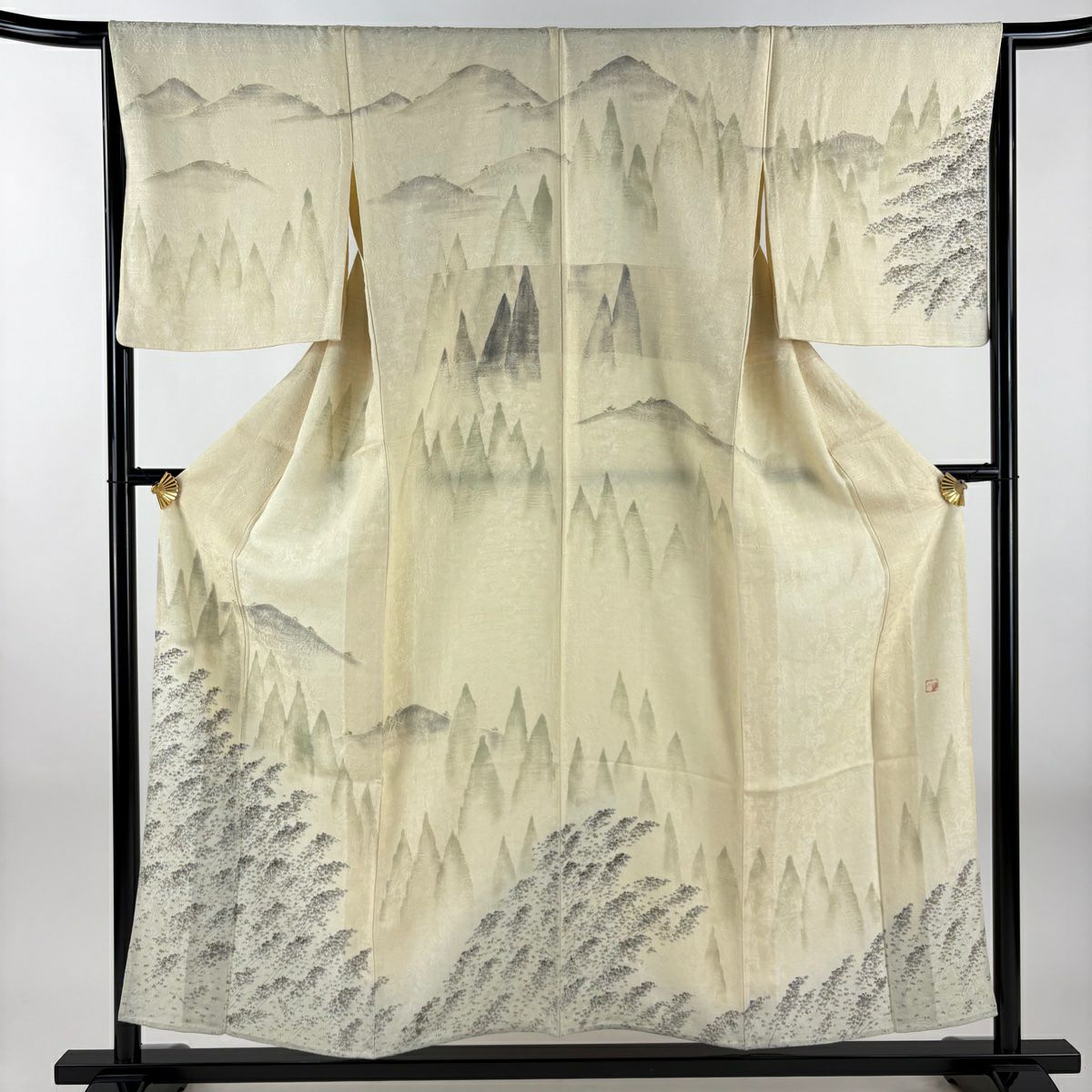 訪問服 身長155.5cm 袖長65.5cm M 單層 落款 風景 樹木 金彩裝飾 米色 純蠶絲 優品級