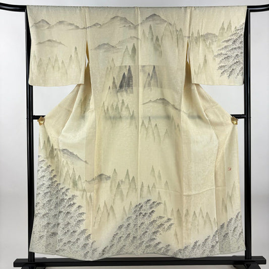 訪問服 身長155.5cm 袖長65.5cm M 單層 落款 風景 樹木 金彩裝飾 米色 純蠶絲 優品級