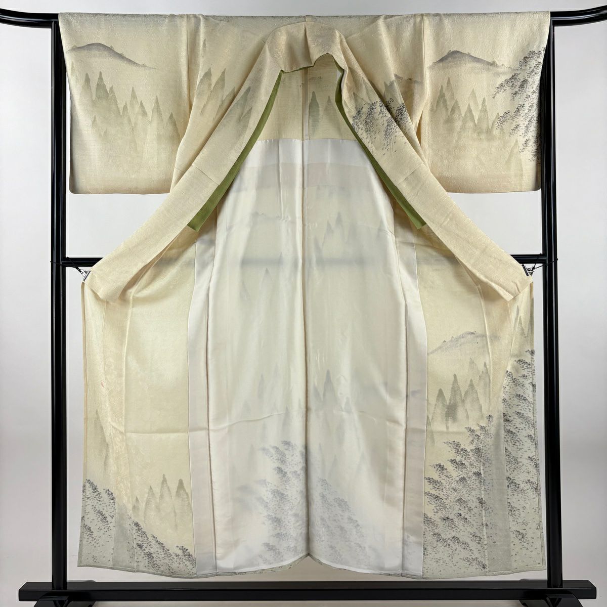 訪問服 身長155.5cm 袖長65.5cm M 單層 落款 風景 樹木 金彩裝飾 米色 純蠶絲 優品級