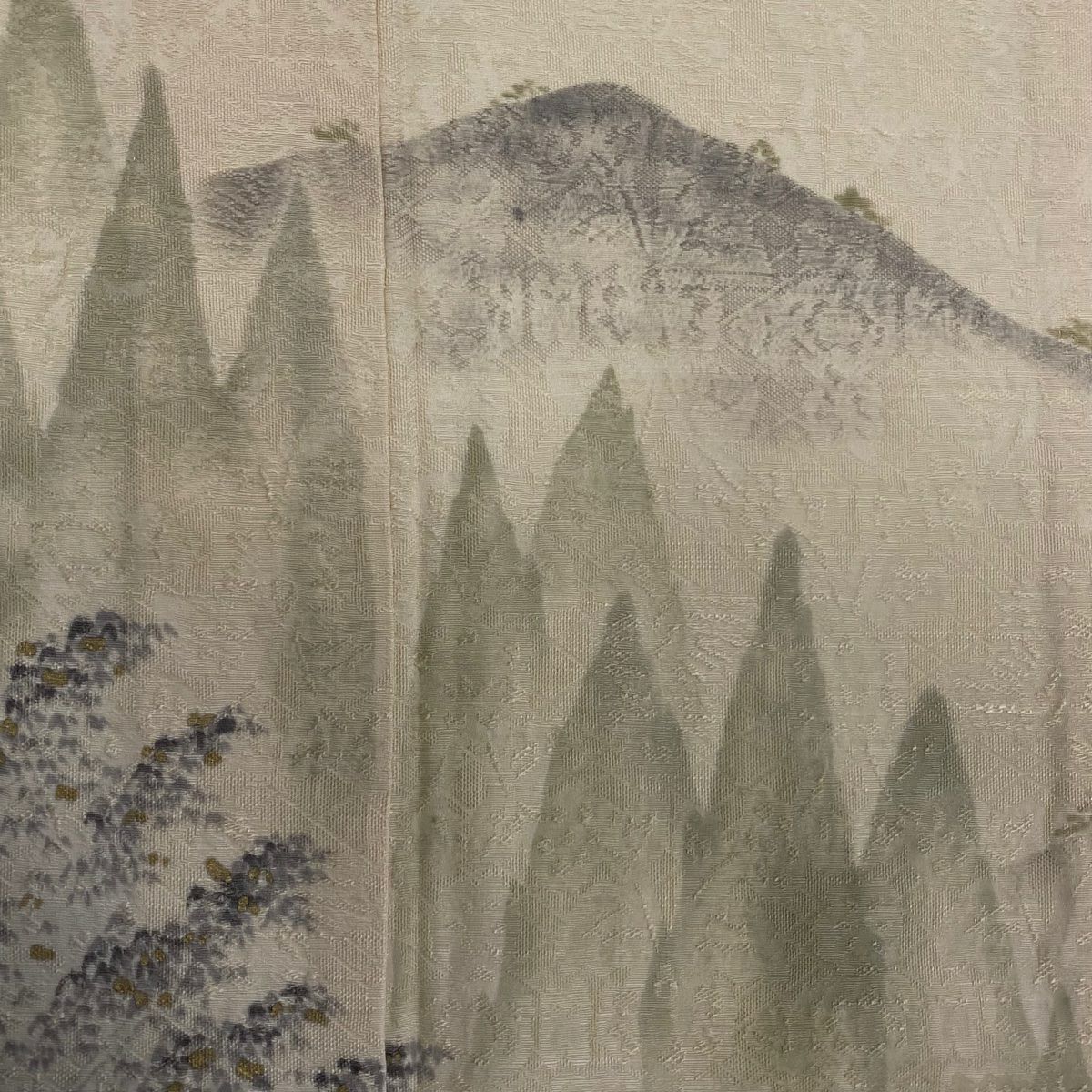 訪問服 身長155.5cm 袖長65.5cm M 單層 落款 風景 樹木 金彩裝飾 米色 純蠶絲 優品級