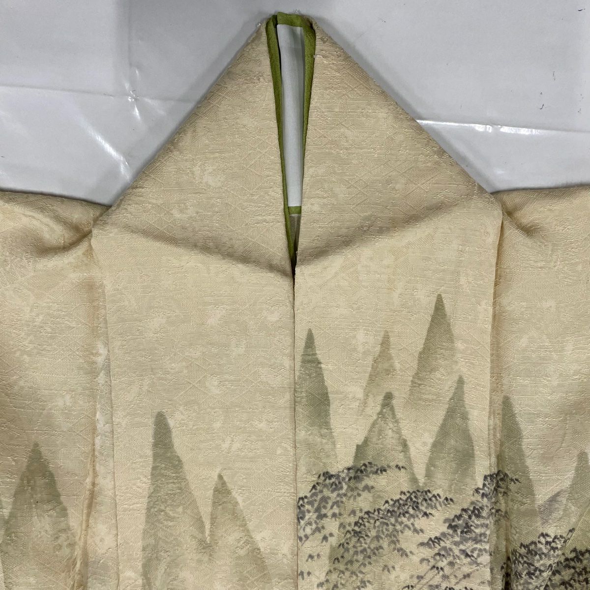 訪問服 身長155.5cm 袖長65.5cm M 單層 落款 風景 樹木 金彩裝飾 米色 純蠶絲 優品級