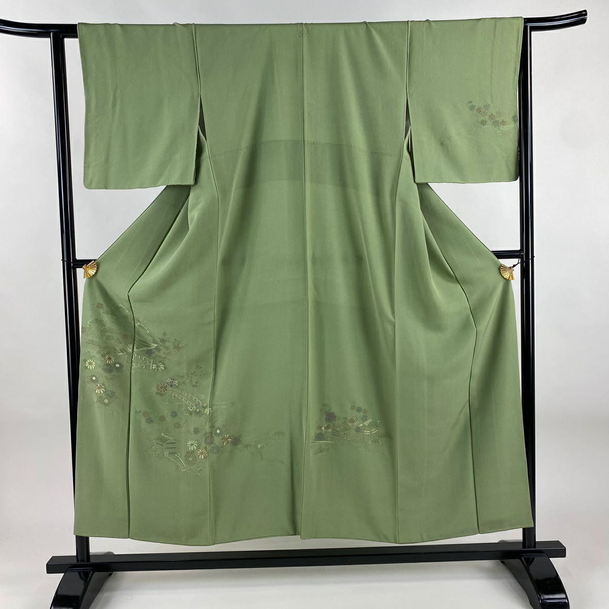 付下 身長152cm 袖長62.5cm S 雙層 草花紋紋 橋刺繡 艾草綠 純蠶絲 秀品級 一つ紋
