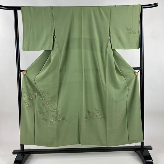 付下 身長152cm 袖長62.5cm S 雙層 草花紋紋 橋刺繡 艾草綠 純蠶絲 秀品級 一つ紋