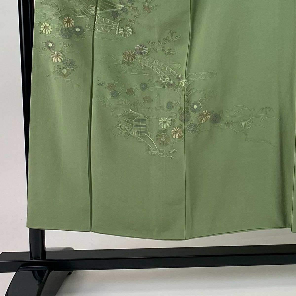 付下 身長152cm 袖長62.5cm S 雙層 草花紋紋 橋刺繡 艾草綠 純蠶絲 秀品級 一つ紋