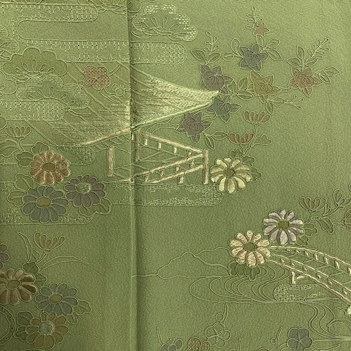 付下 身長152cm 袖長62.5cm S 雙層 草花紋紋 橋刺繡 艾草綠 純蠶絲 秀品級 一つ紋