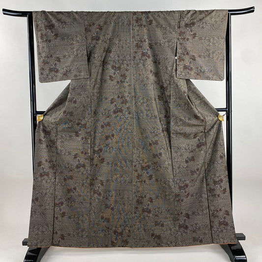 【美品】 紬織織 身長164.5cm 袖長65cm M 雙層 草花紋紋 焦茶 純蠶絲 秀品級