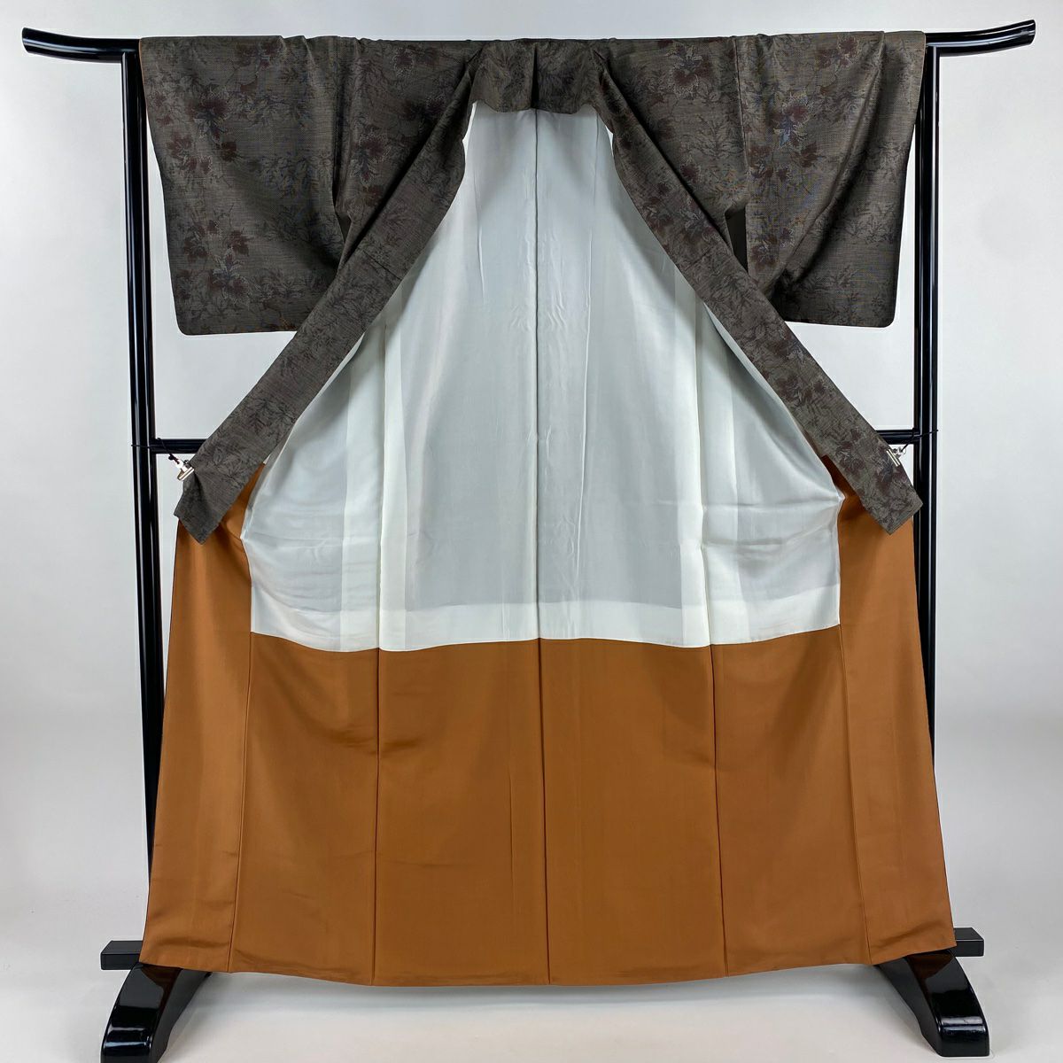 【美品】 紬織織 身長164.5cm 袖長65cm M 雙層 草花紋紋 焦茶 純蠶絲 秀品級