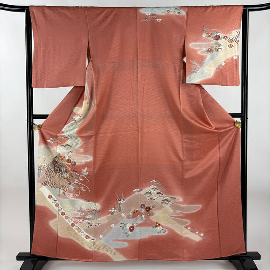 訪問服 身長161.5cm 袖長64cm M 雙層 御所車 秋草 金絲 金銀彩 粉紅 純蠶絲 秀品級