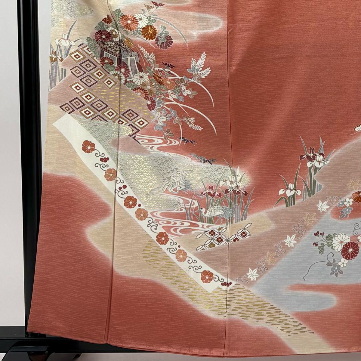 訪問服 身長161.5cm 袖長64cm M 雙層 御所車 秋草 金絲 金銀彩 粉紅 純蠶絲 秀品級
